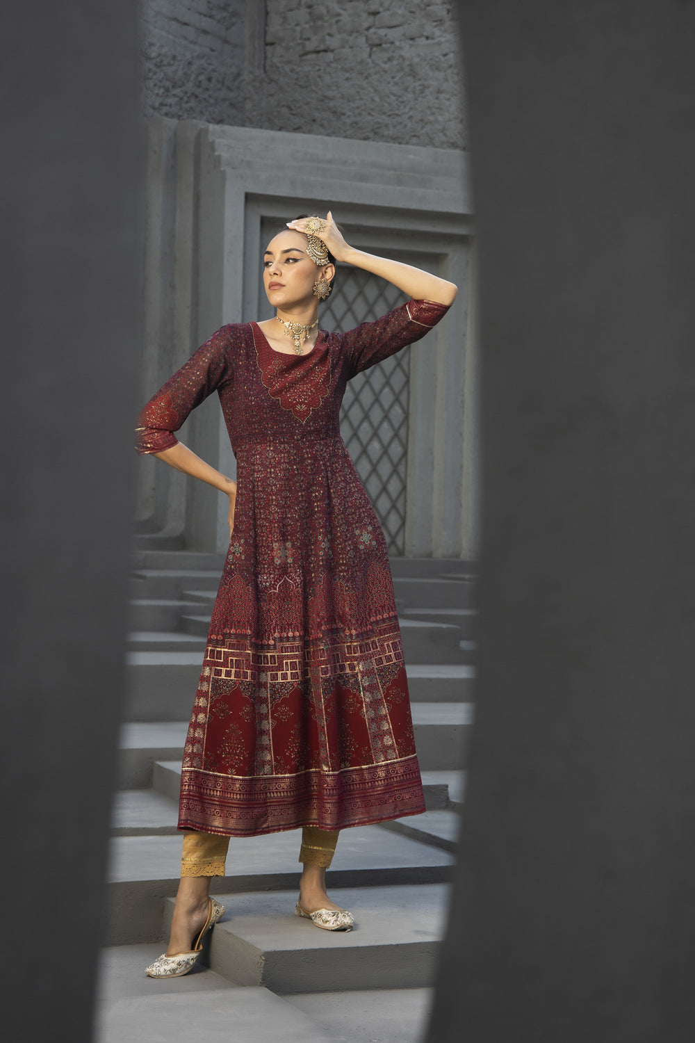 Juniper Maroon Georgette Festive Printed Anarkali Flared Anarkali Kurta For Women
