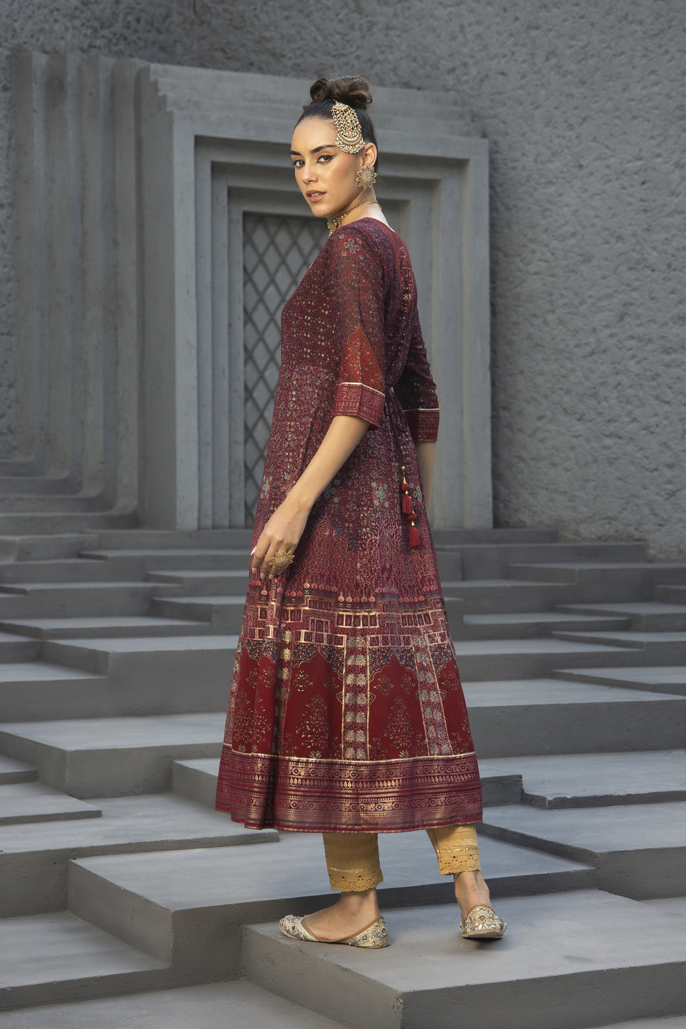 Juniper Maroon Georgette Festive Printed Anarkali Flared Anarkali Kurta For Women