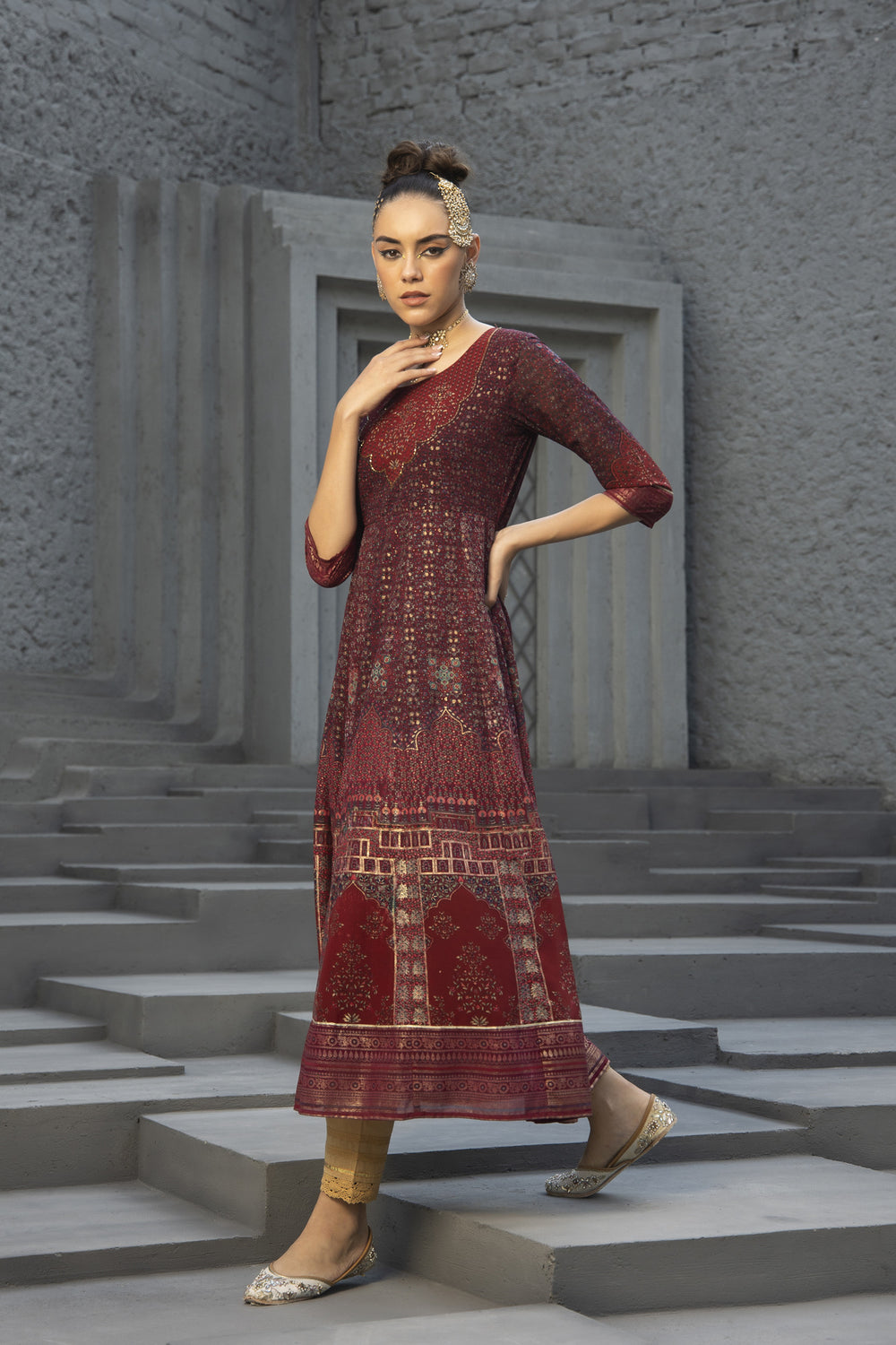 Juniper Maroon Georgette Festive Printed Anarkali Flared Anarkali Kurta For Women
