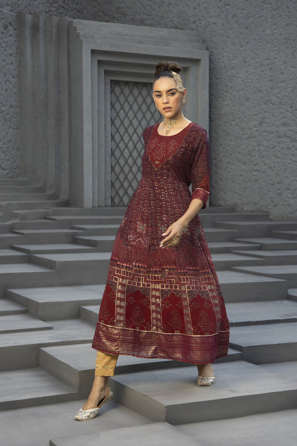 Juniper Maroon Georgette Festive Printed Anarkali Flared Anarkali Kurta For Women