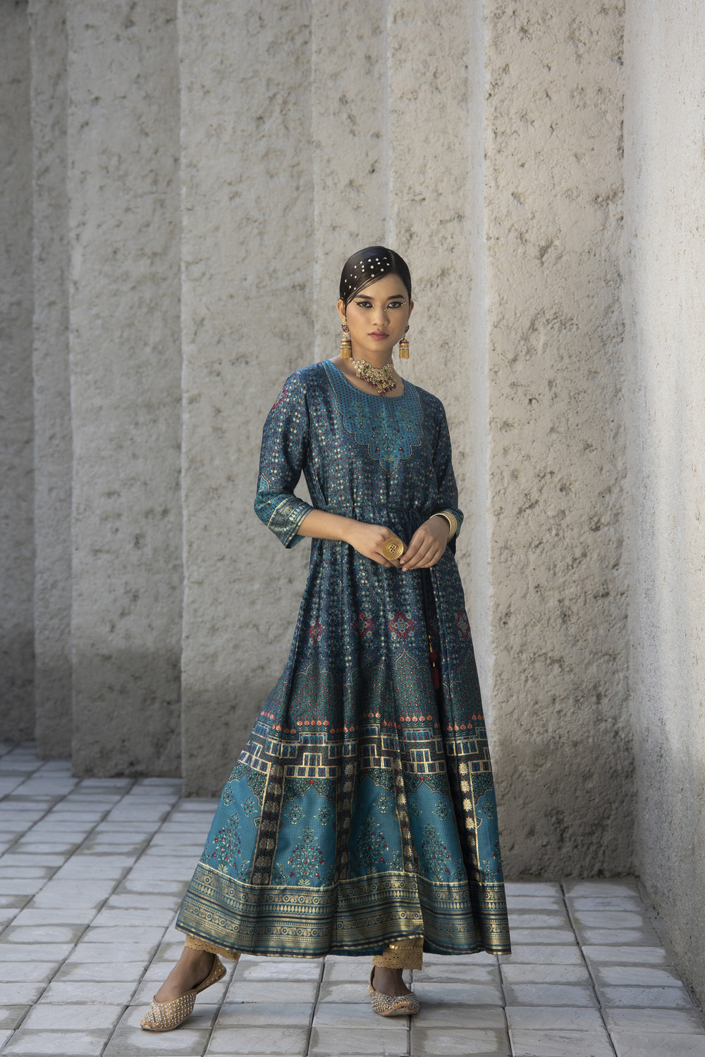 Juniper Teal Satin Festive Printed Anarkali Flared Anarkali Kurta For Women
