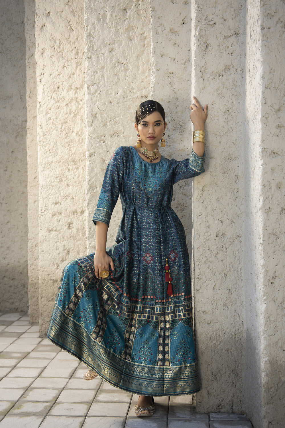 Juniper Teal Satin Festive Printed Anarkali Flared Anarkali Kurta For Women