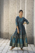 Juniper Teal Satin Festive Printed Anarkali Flared Anarkali Kurta For Women