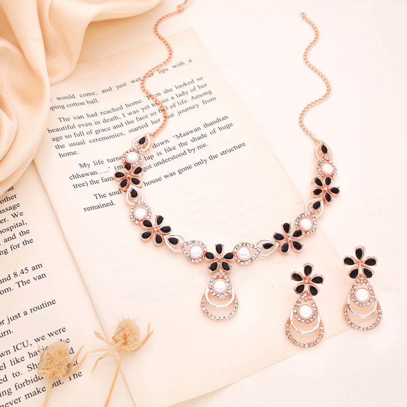 Tehzeeb Creations Rose Gold-Polished Black Colour Necklace With Stud