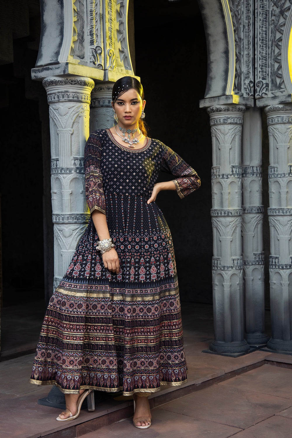 Juniper Black Georgette Festive Printed Flared Anarkali Kurta For Women