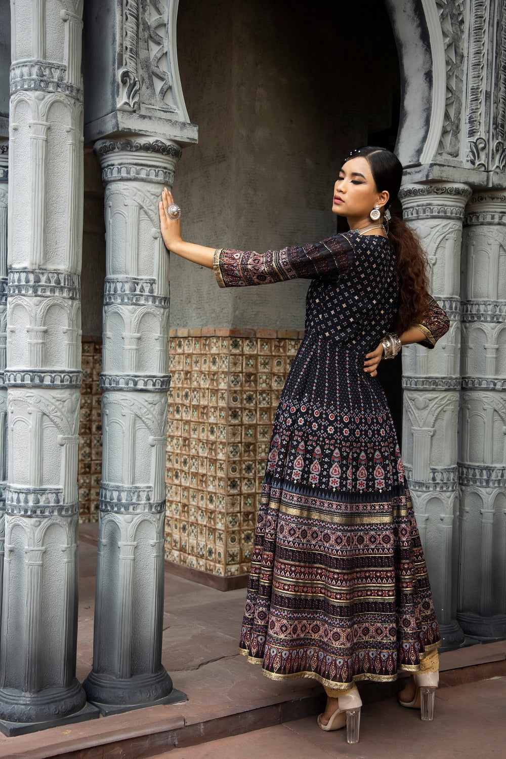Juniper Black Georgette Festive Printed Flared Anarkali Kurta For Women