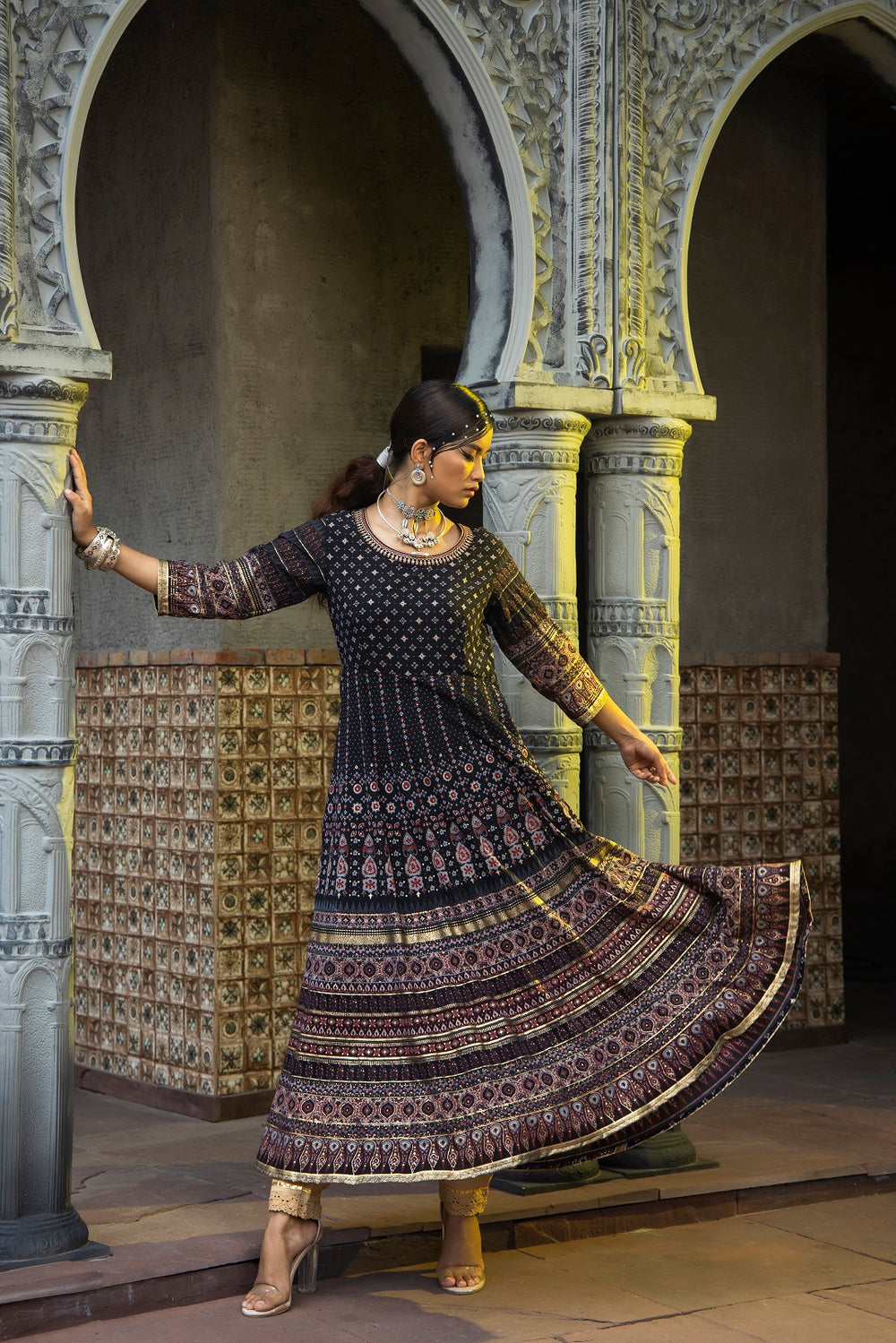 Juniper Black Georgette Festive Printed Flared Anarkali Kurta For Women