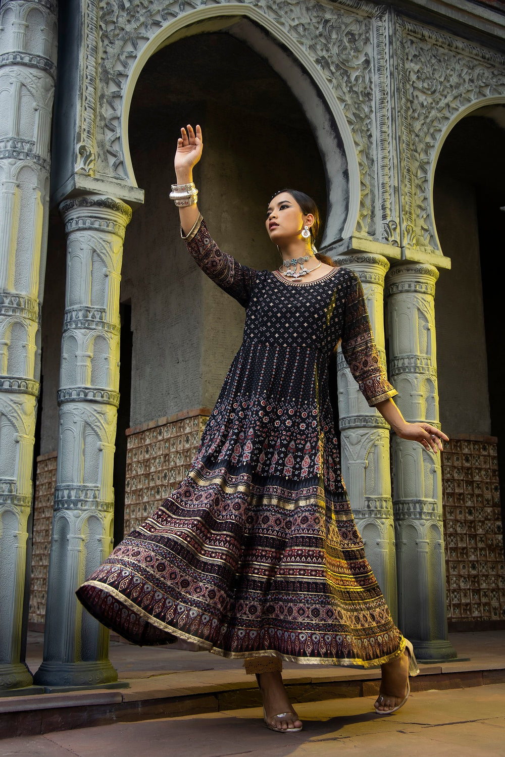 Juniper Black Georgette Festive Printed Flared Anarkali Kurta For Women
