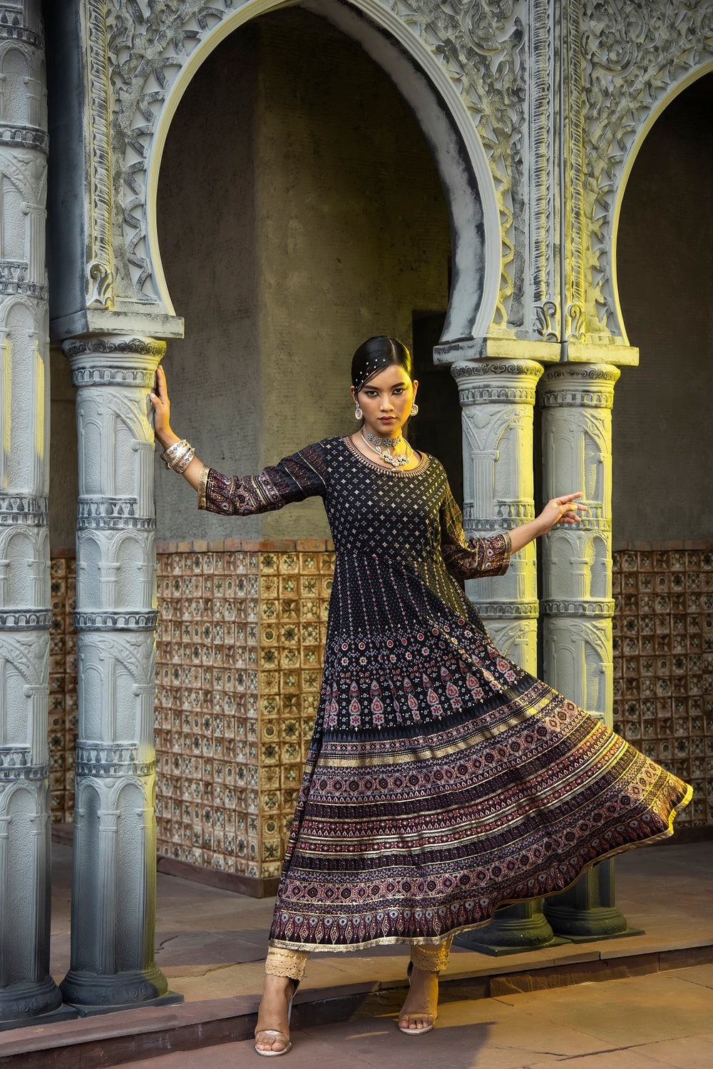 Juniper Black Georgette Festive Printed Flared Anarkali Kurta For Women