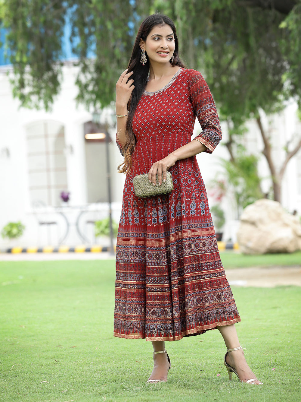 Juniper Women Rust Georgette Festive Printed Flared Anarkali Kurta