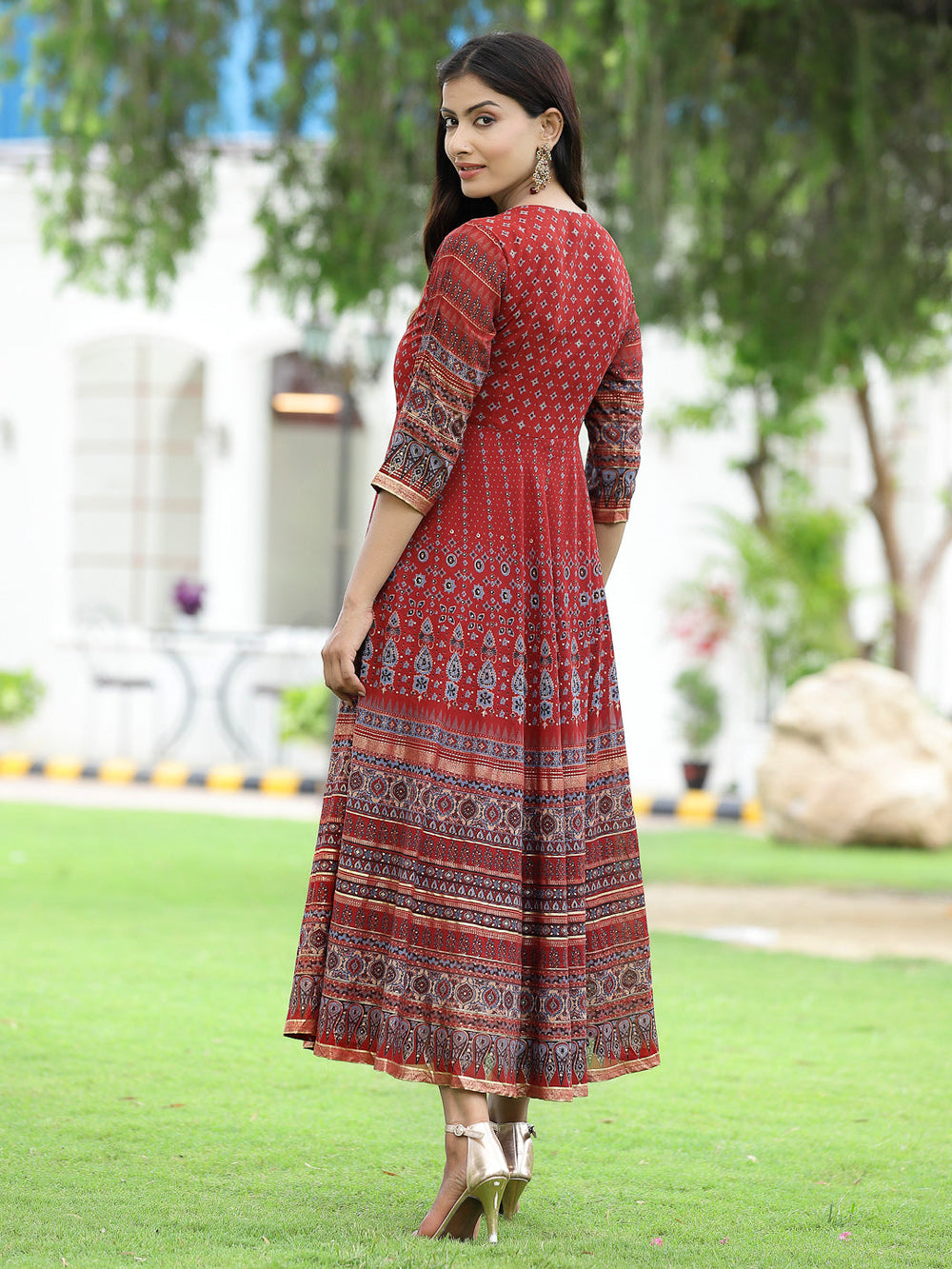 Juniper Women Rust Georgette Festive Printed Flared Anarkali Kurta