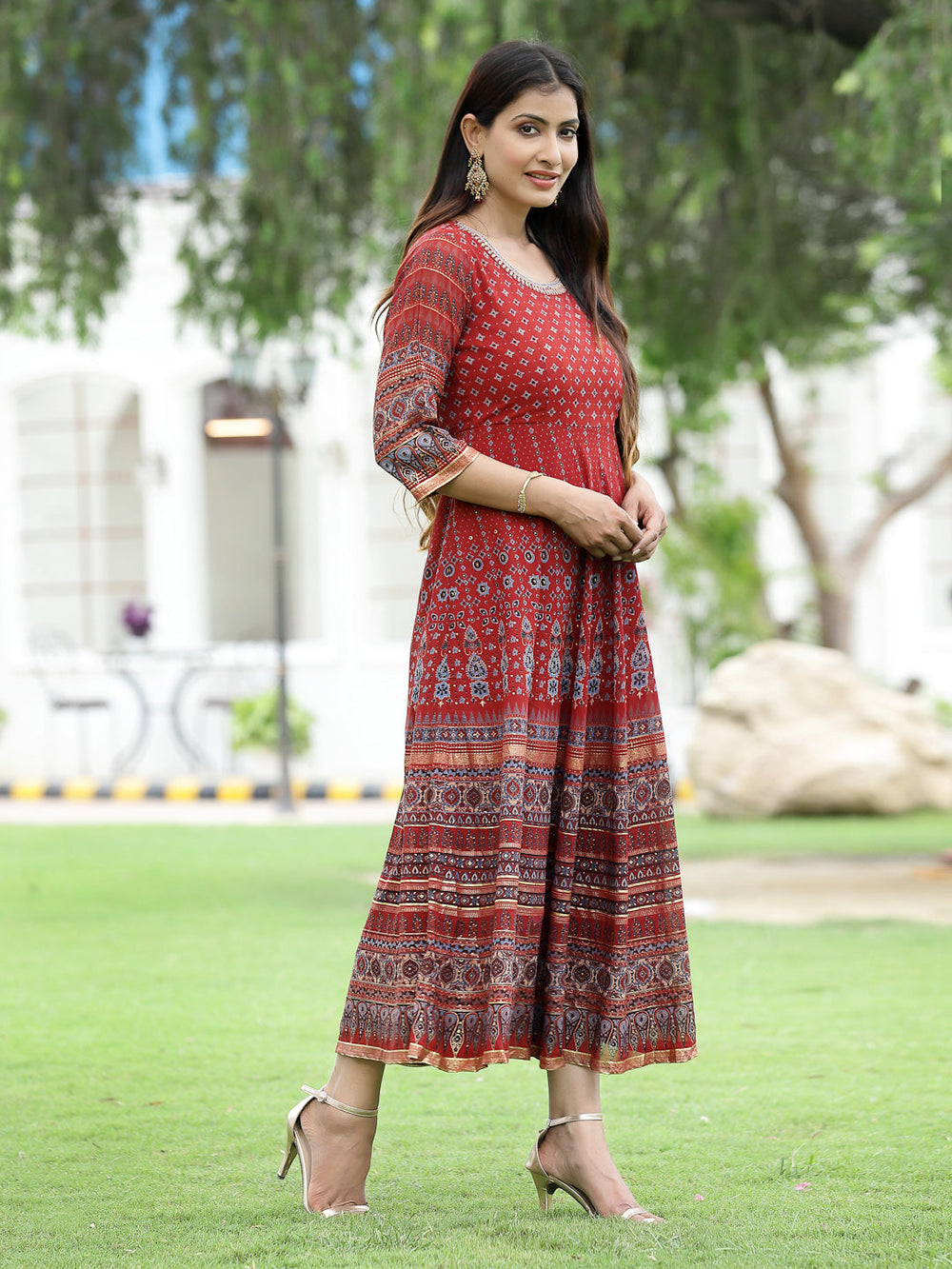 Juniper Women Rust Georgette Festive Printed Flared Anarkali Kurta
