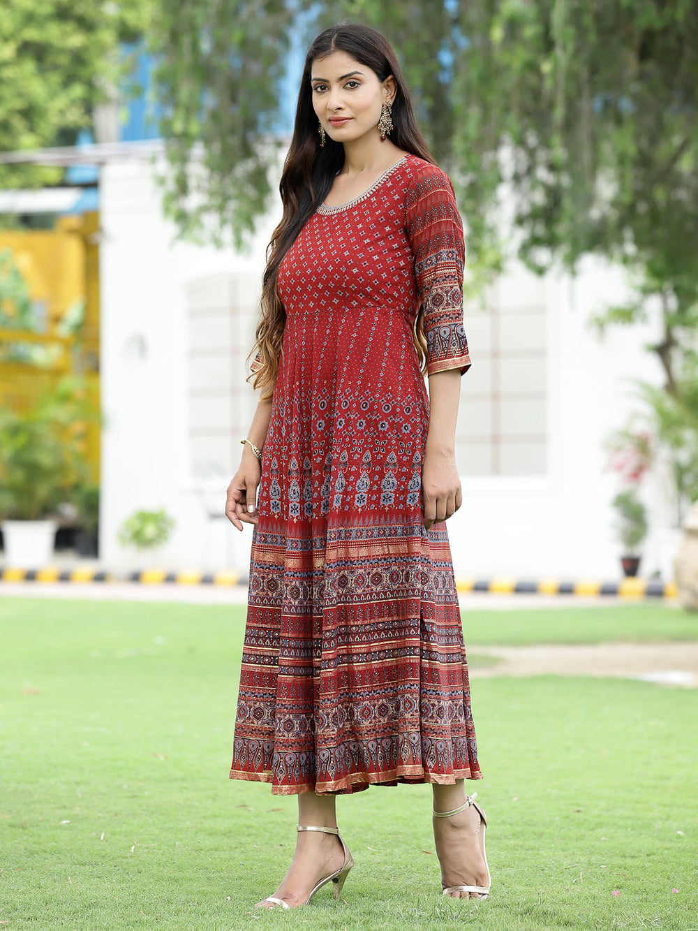 Juniper Women Rust Georgette Festive Printed Flared Anarkali Kurta