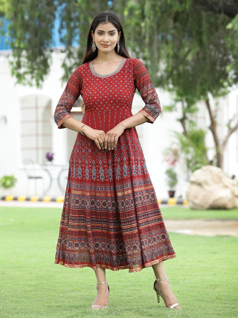 Juniper Women Rust Georgette Festive Printed Flared Anarkali Kurta