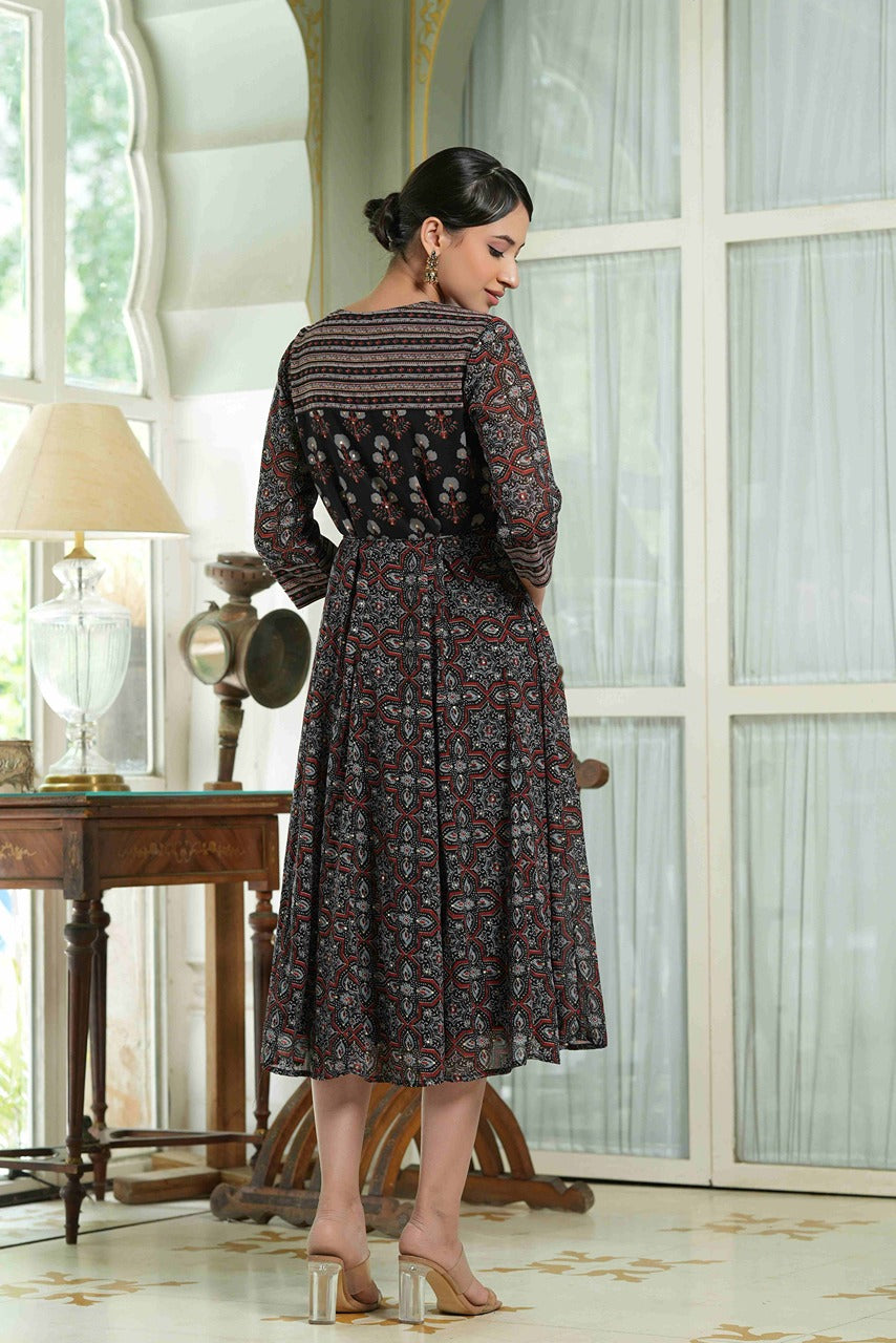 Juniper Black Georgette Festive Printed Anarkali Flared Anarkali Kurta For Women
