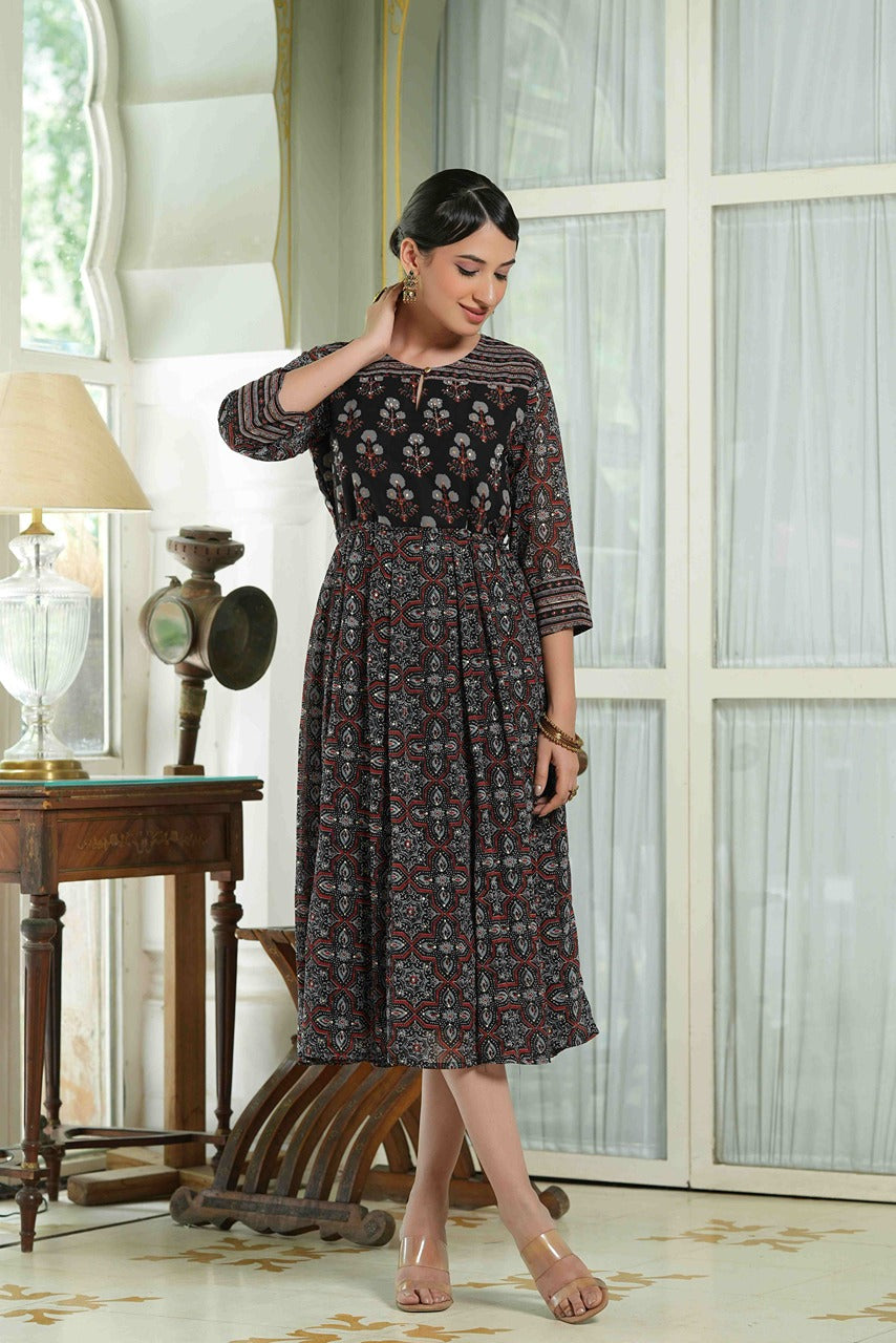 Juniper Black Georgette Festive Printed Anarkali Flared Anarkali Kurta For Women
