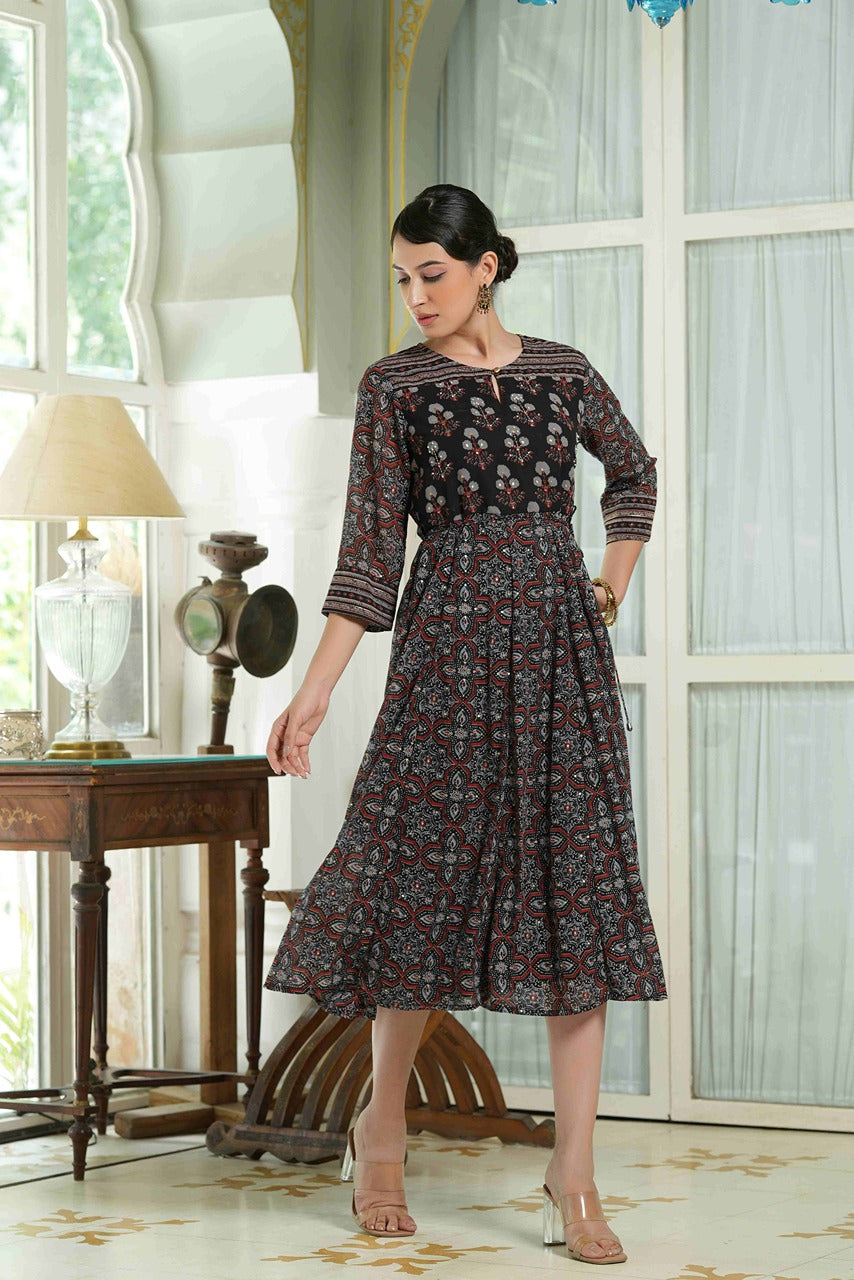 Juniper Black Georgette Festive Printed Anarkali Flared Anarkali Kurta For Women