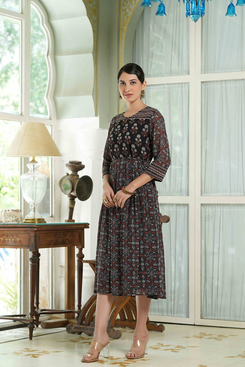 Juniper Black Georgette Festive Printed Anarkali Flared Anarkali Kurta For Women