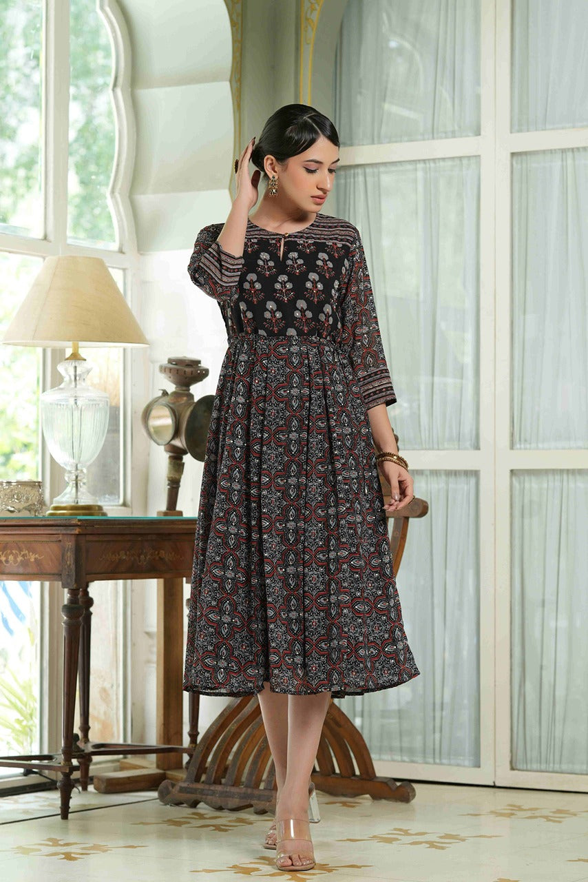 Juniper Black Georgette Festive Printed Anarkali Flared Anarkali Kurta For Women