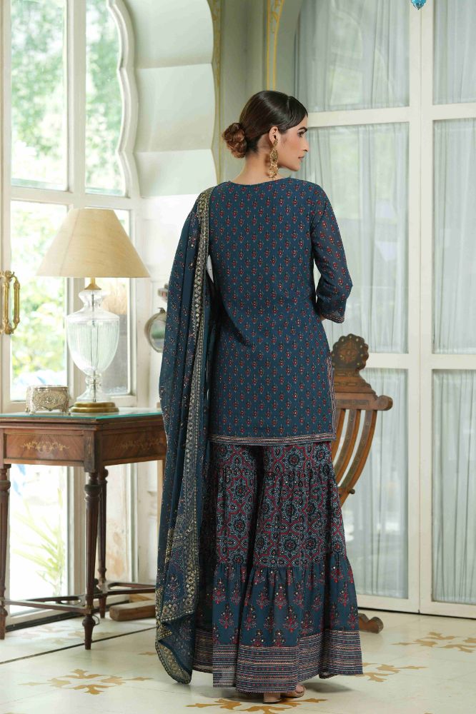 Juniper Teal Georgette Festive Floral Print Straight Tunic-Sharara Dupatta For Women