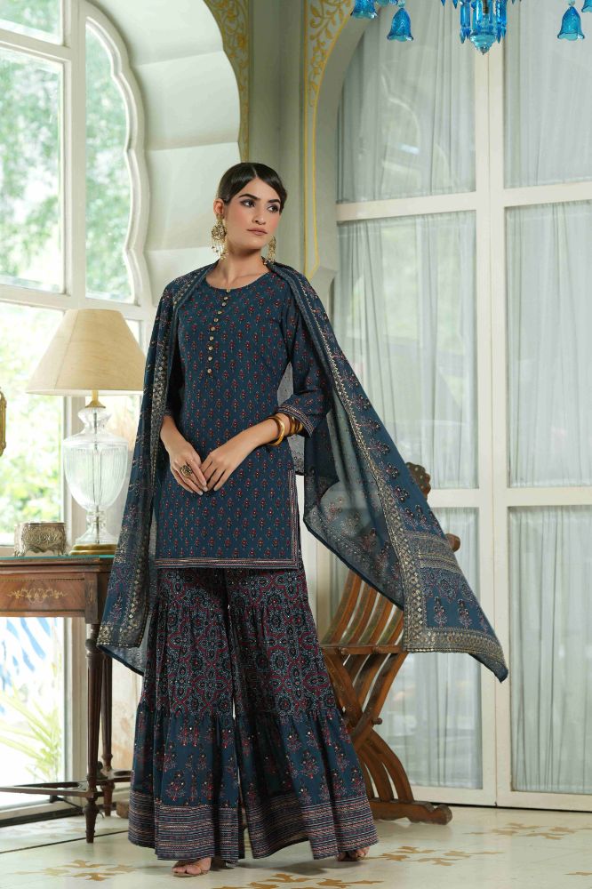 Juniper Teal Georgette Festive Floral Print Straight Tunic-Sharara Dupatta For Women