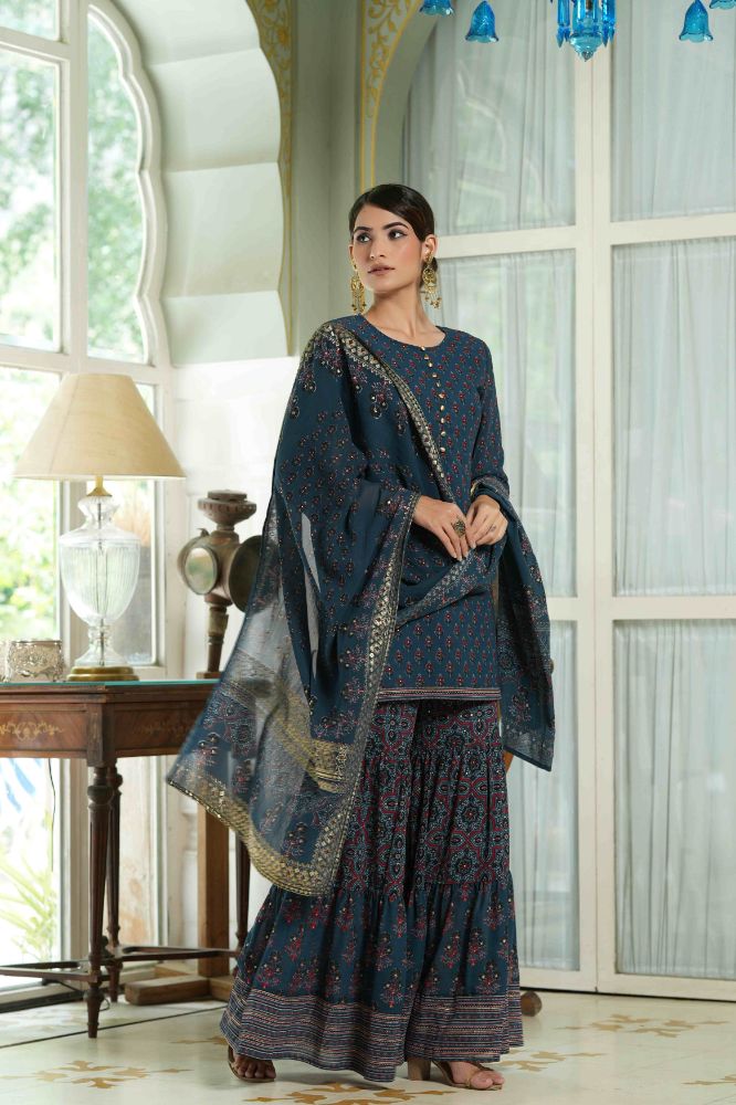 Juniper Teal Georgette Festive Floral Print Straight Tunic-Sharara Dupatta For Women
