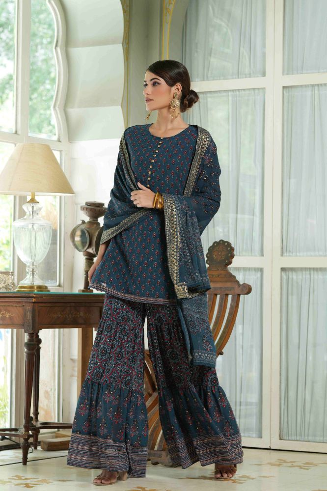 Juniper Teal Georgette Festive Floral Print Straight Tunic-Sharara Dupatta For Women