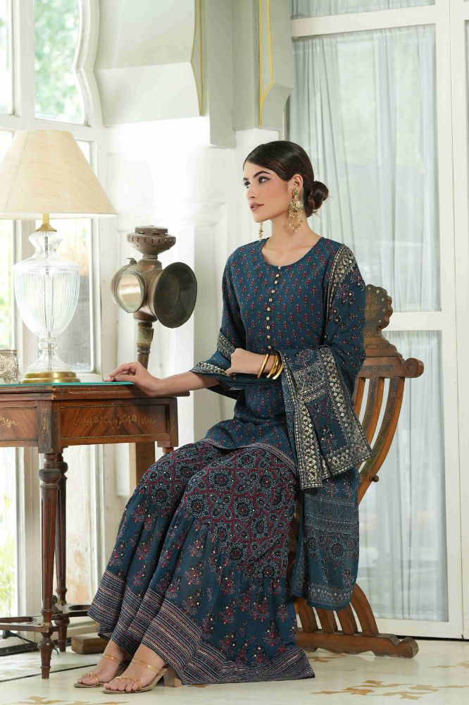 Juniper Teal Georgette Festive Floral Print Straight Tunic-Sharara Dupatta For Women