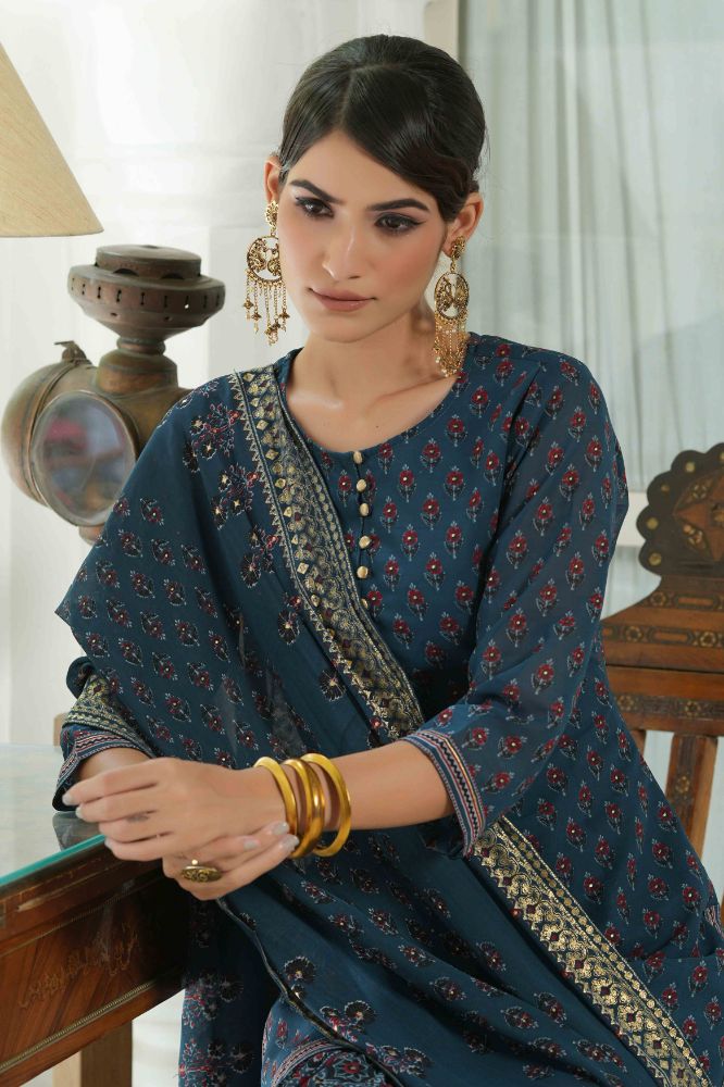 Juniper Teal Georgette Festive Floral Print Straight Tunic-Sharara Dupatta For Women