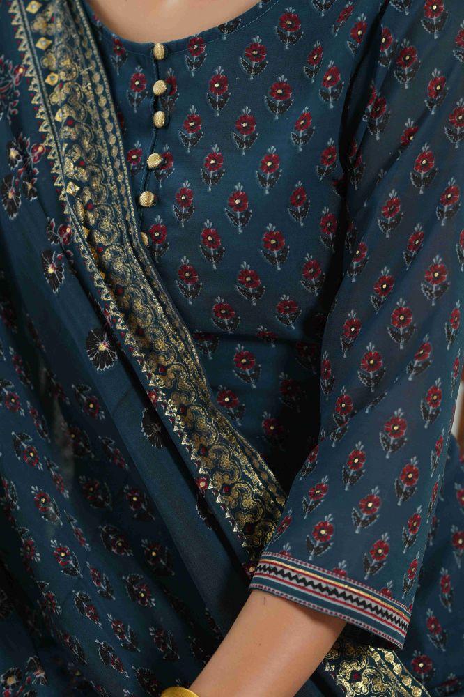 Juniper Teal Georgette Festive Floral Print Straight Tunic-Sharara Dupatta For Women