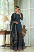Juniper Teal Georgette Festive Floral Print Straight Tunic-Sharara Dupatta For Women