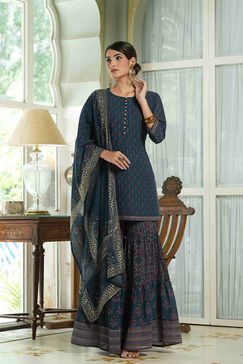 Juniper Teal Georgette Festive Floral Print Straight Tunic-Sharara Dupatta For Women