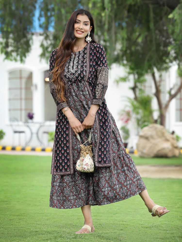 Juniper Women Black Chanderi Festive Printed Tiered Kurta