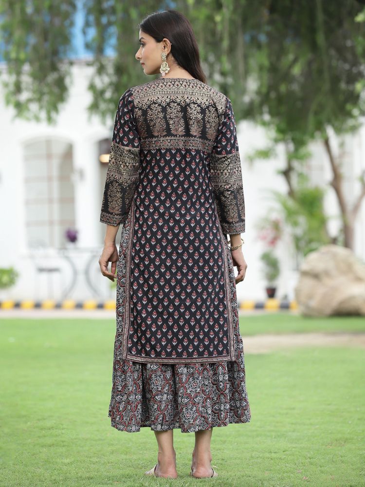 Juniper Women Black Chanderi Festive Printed Tiered Kurta