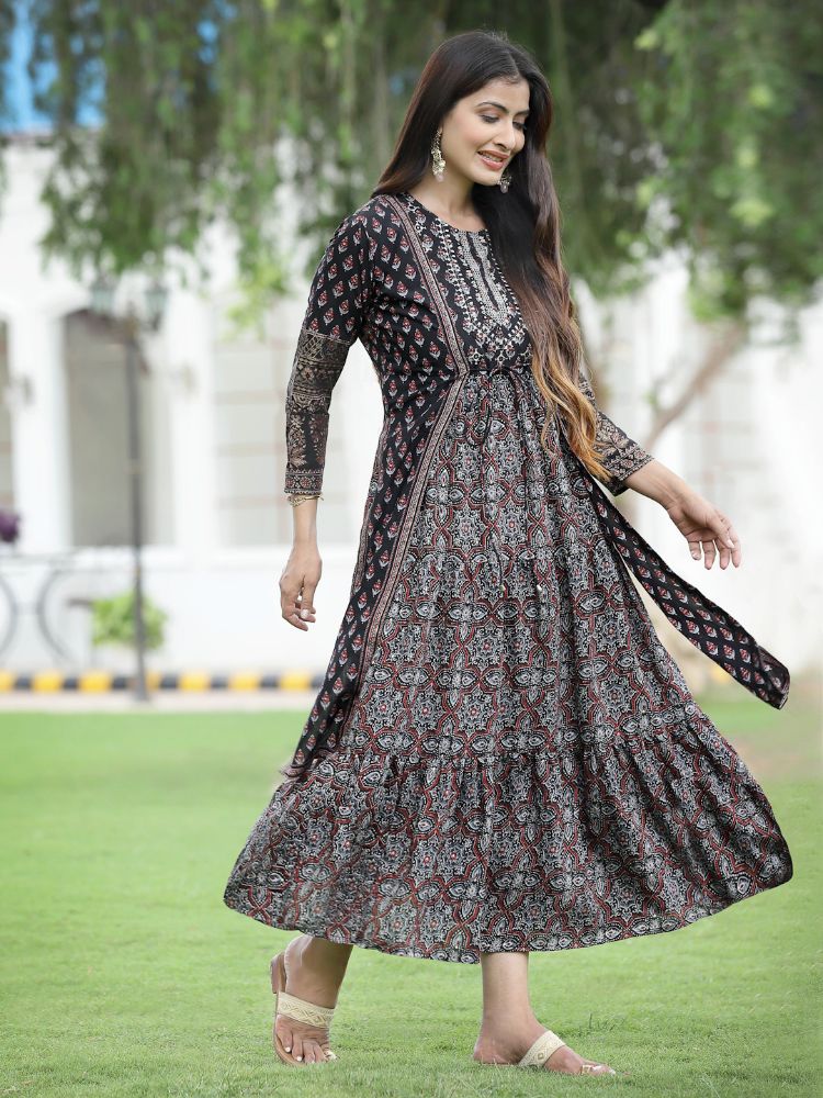 Juniper Women Black Chanderi Festive Printed Tiered Kurta