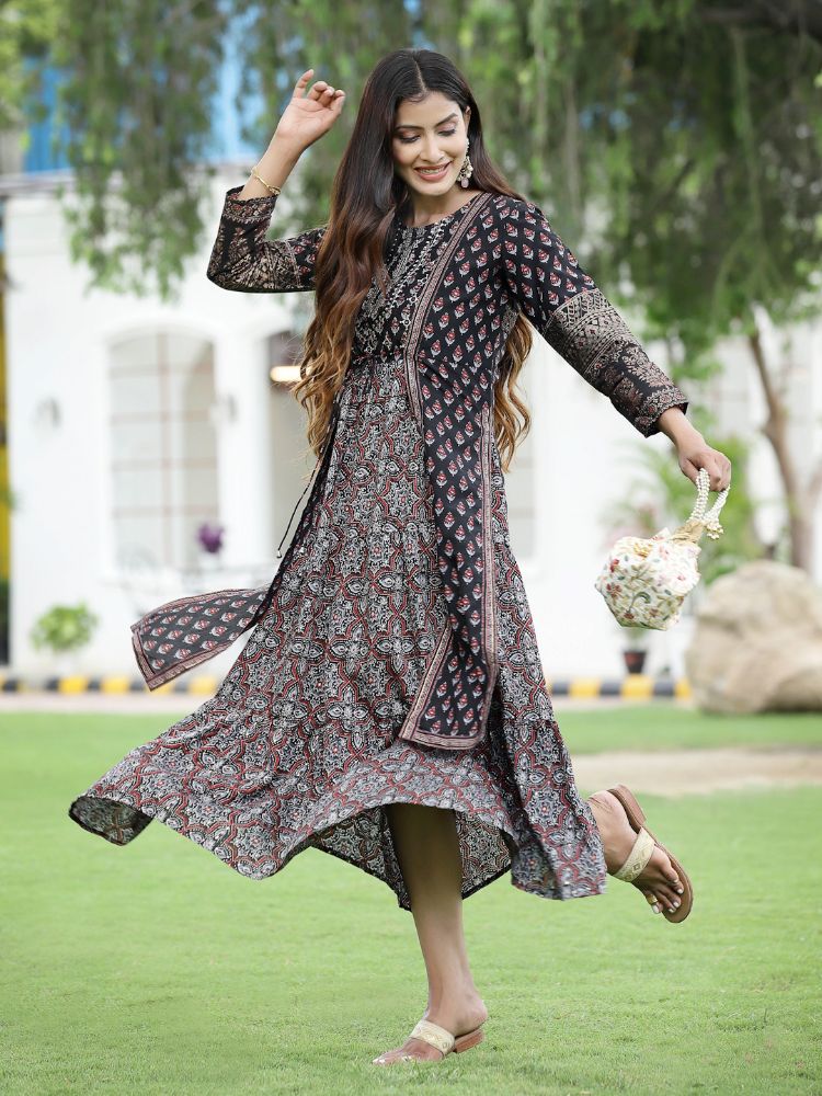 Juniper Women Black Chanderi Festive Printed Tiered Kurta
