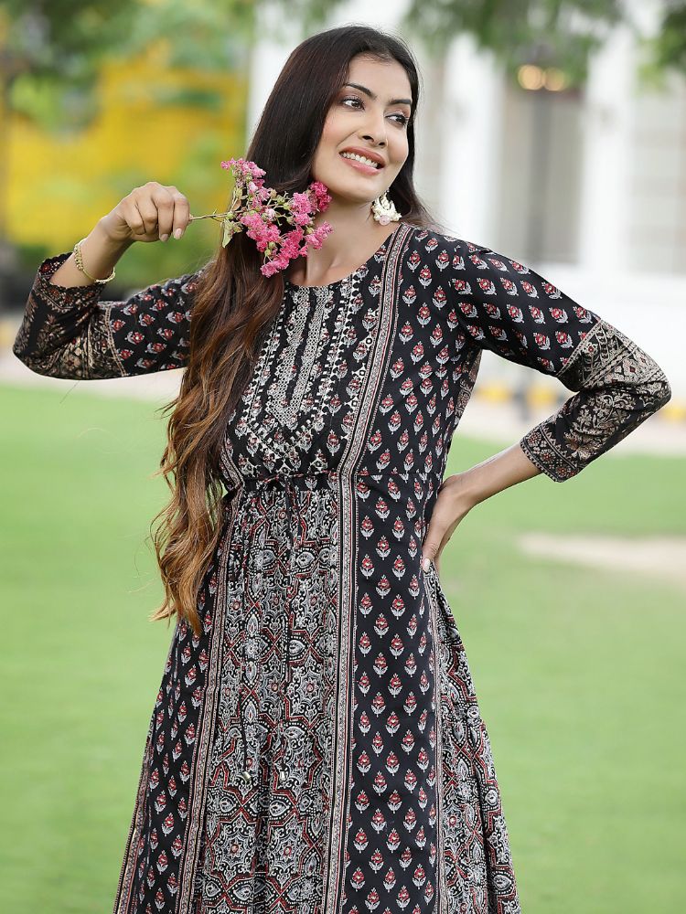 Juniper Women Black Chanderi Festive Printed Tiered Kurta