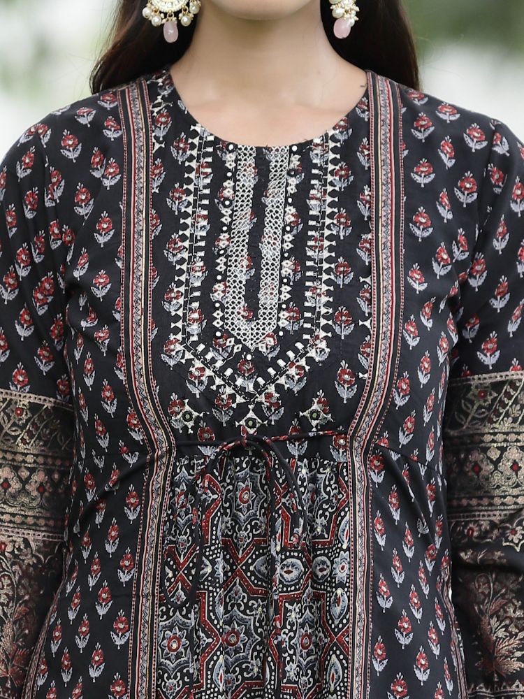 Juniper Women Black Chanderi Festive Printed Tiered Kurta
