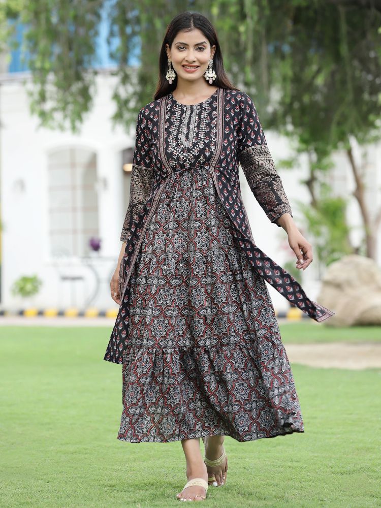 Juniper Women Black Chanderi Festive Printed Tiered Kurta