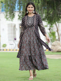 Juniper Women Black Chanderi Festive Printed Tiered Kurta