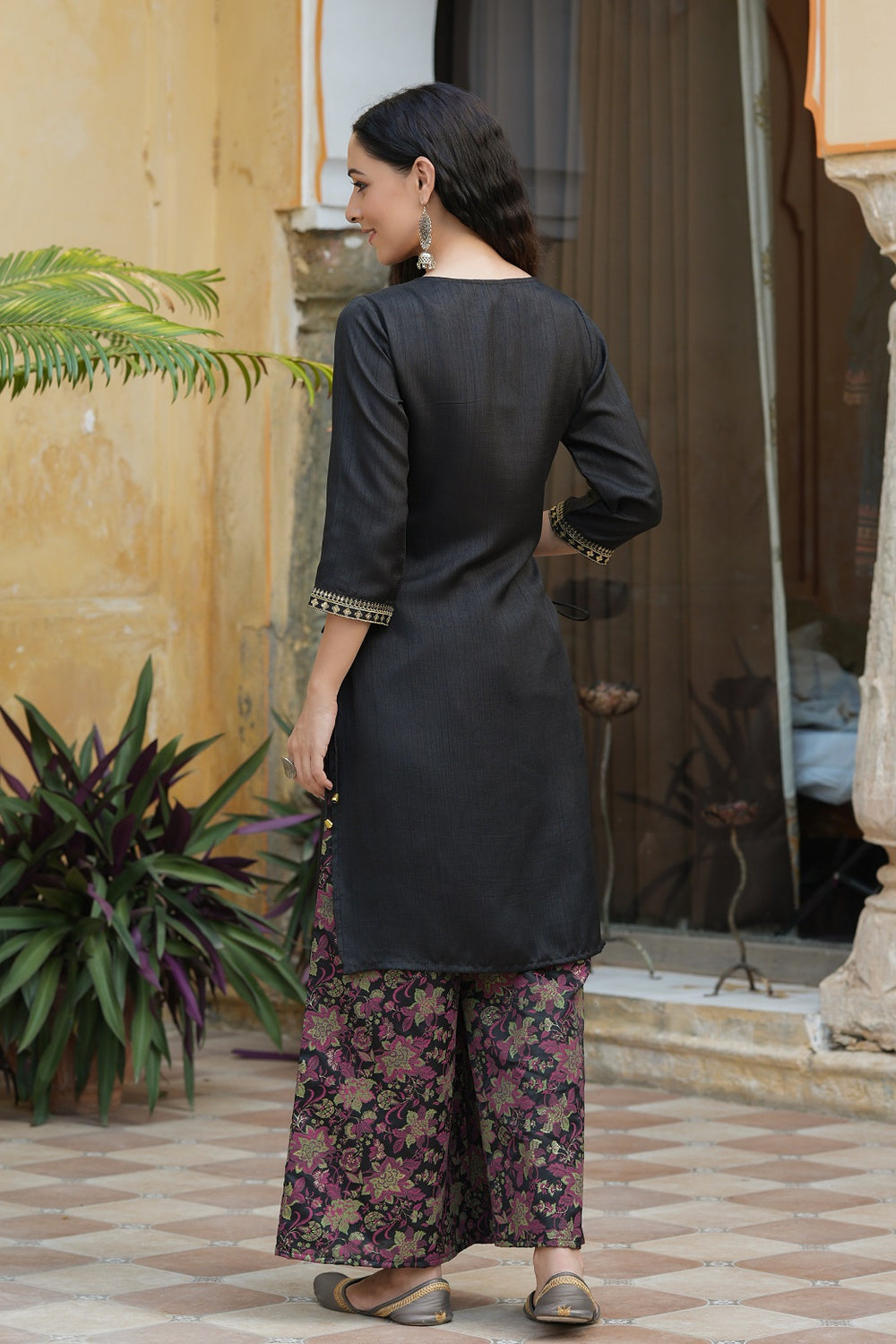 Juniper Black Satin Slub Festive Printed Straight Kurta Suit Set For Women