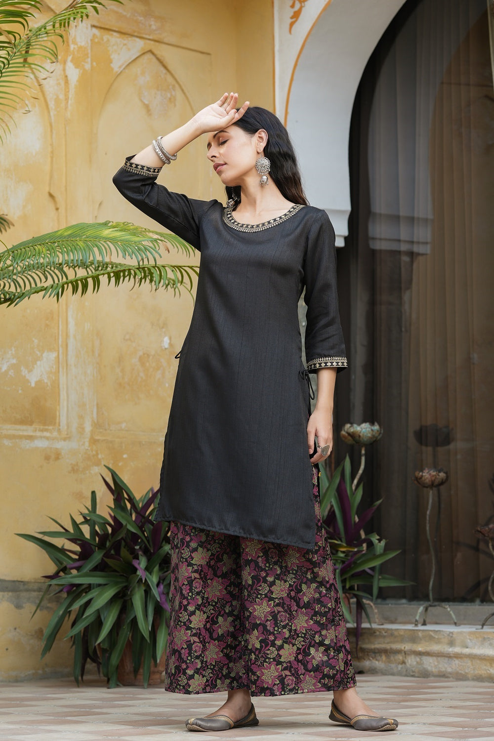 Juniper Black Satin Slub Festive Printed Straight Kurta Suit Set For Women