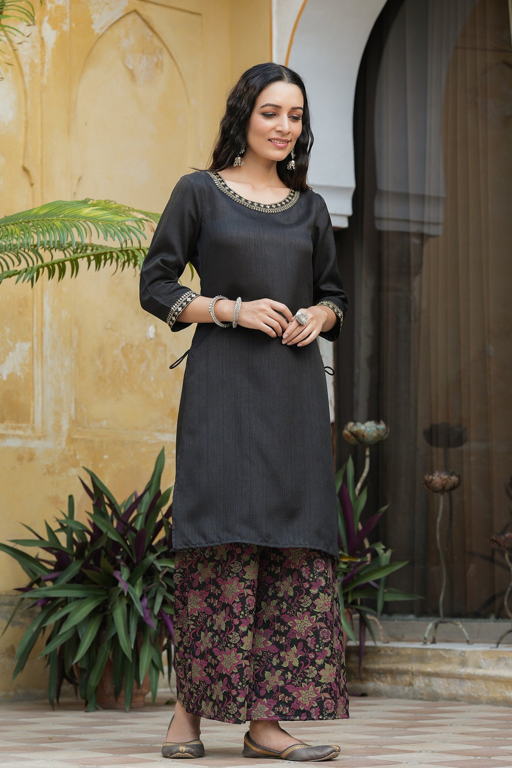 Juniper Black Satin Slub Festive Printed Straight Kurta Suit Set For Women