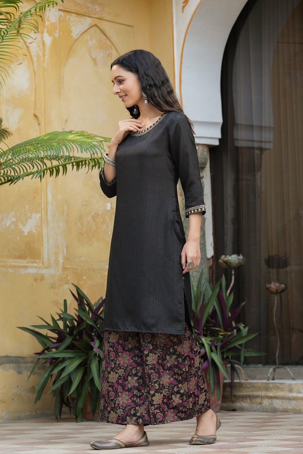Juniper Black Satin Slub Festive Printed Straight Kurta Suit Set For Women
