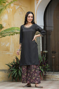 Juniper Black Satin Slub Festive Printed Straight Kurta Suit Set For Women