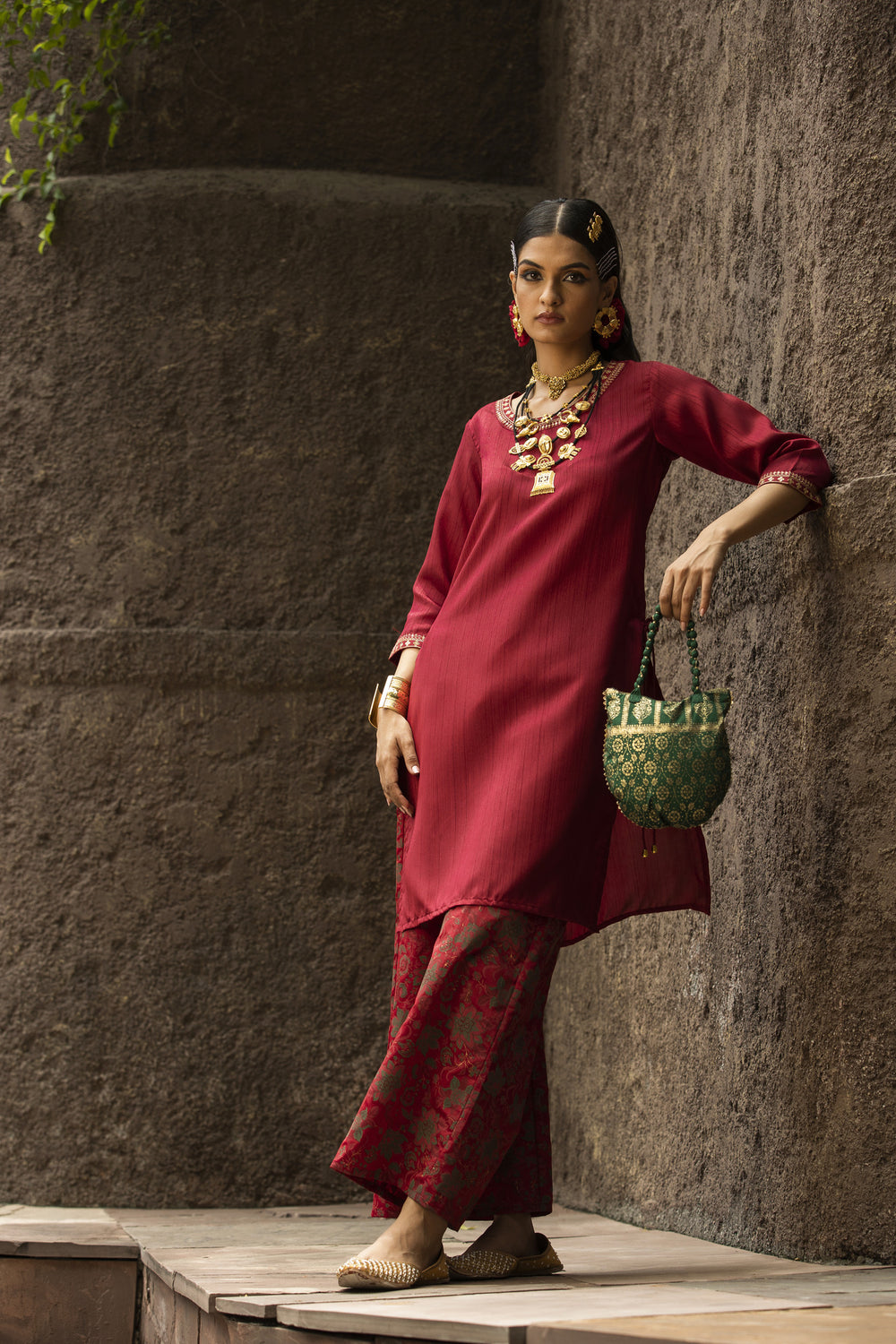 Juniper Maroon Satin Slub Festive Printed Straight Kurta Suit Set For Women