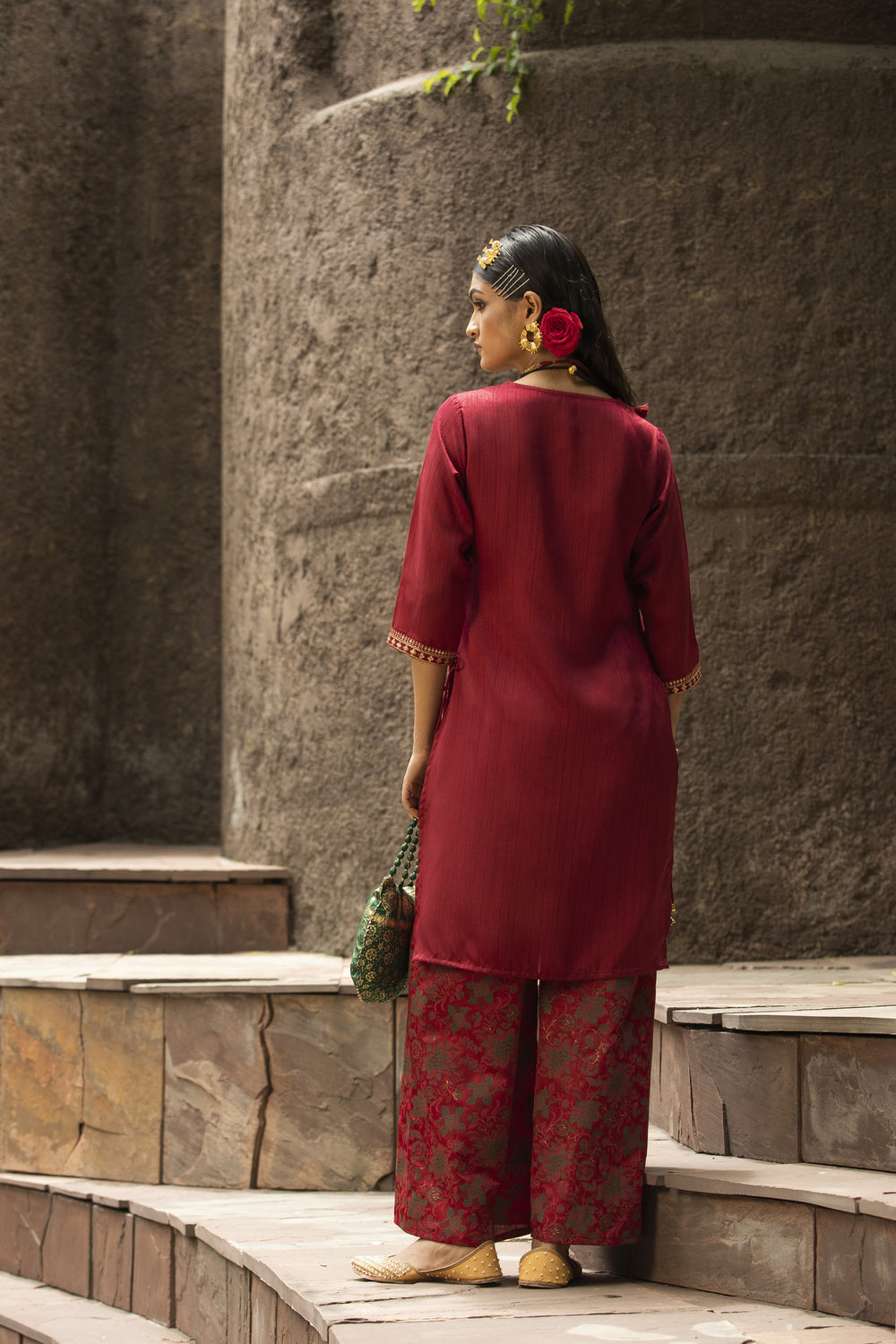 Juniper Maroon Satin Slub Festive Printed Straight Kurta Suit Set For Women