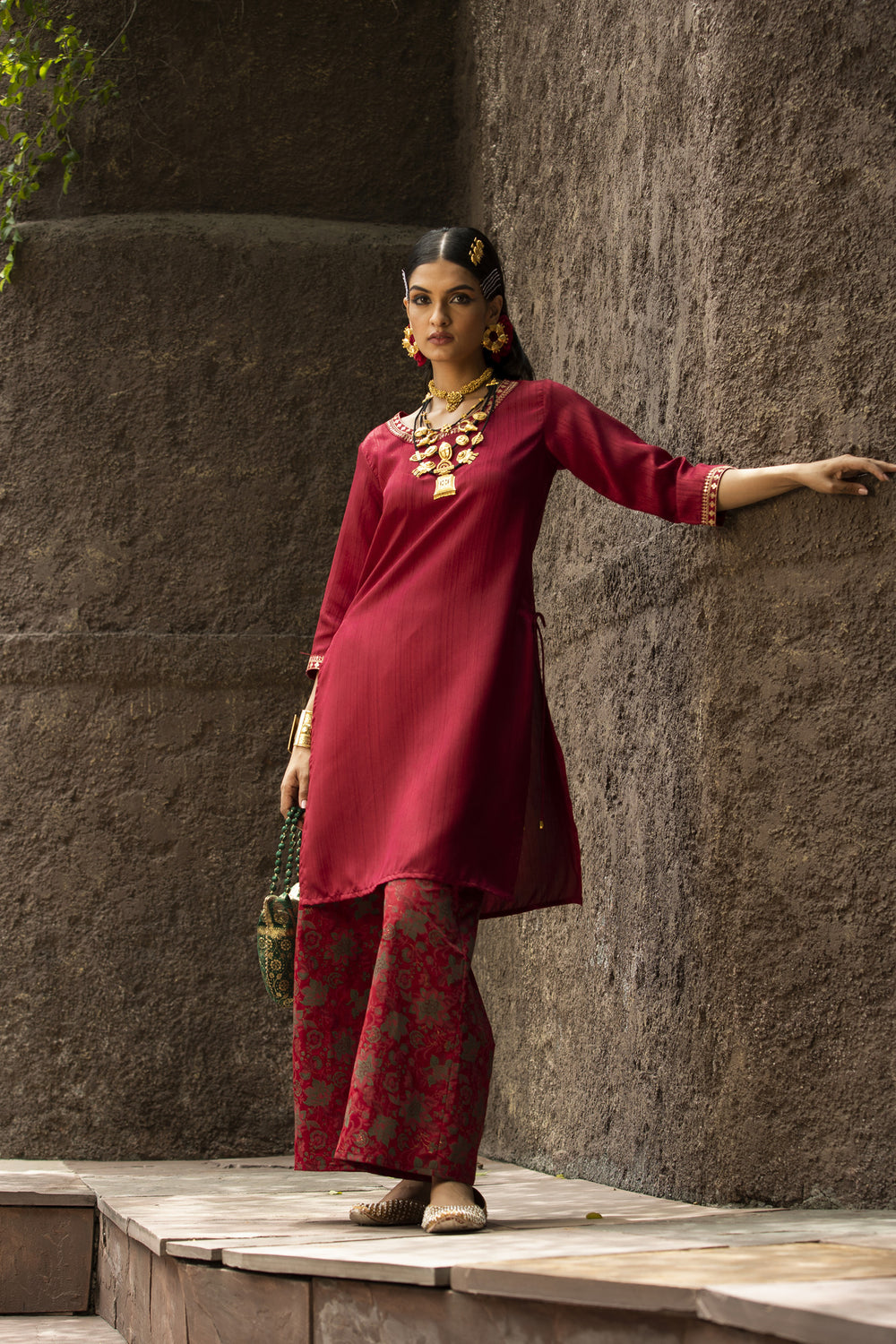 Juniper Maroon Satin Slub Festive Printed Straight Kurta Suit Set For Women
