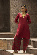 Juniper Maroon Satin Slub Festive Printed Straight Kurta Suit Set For Women