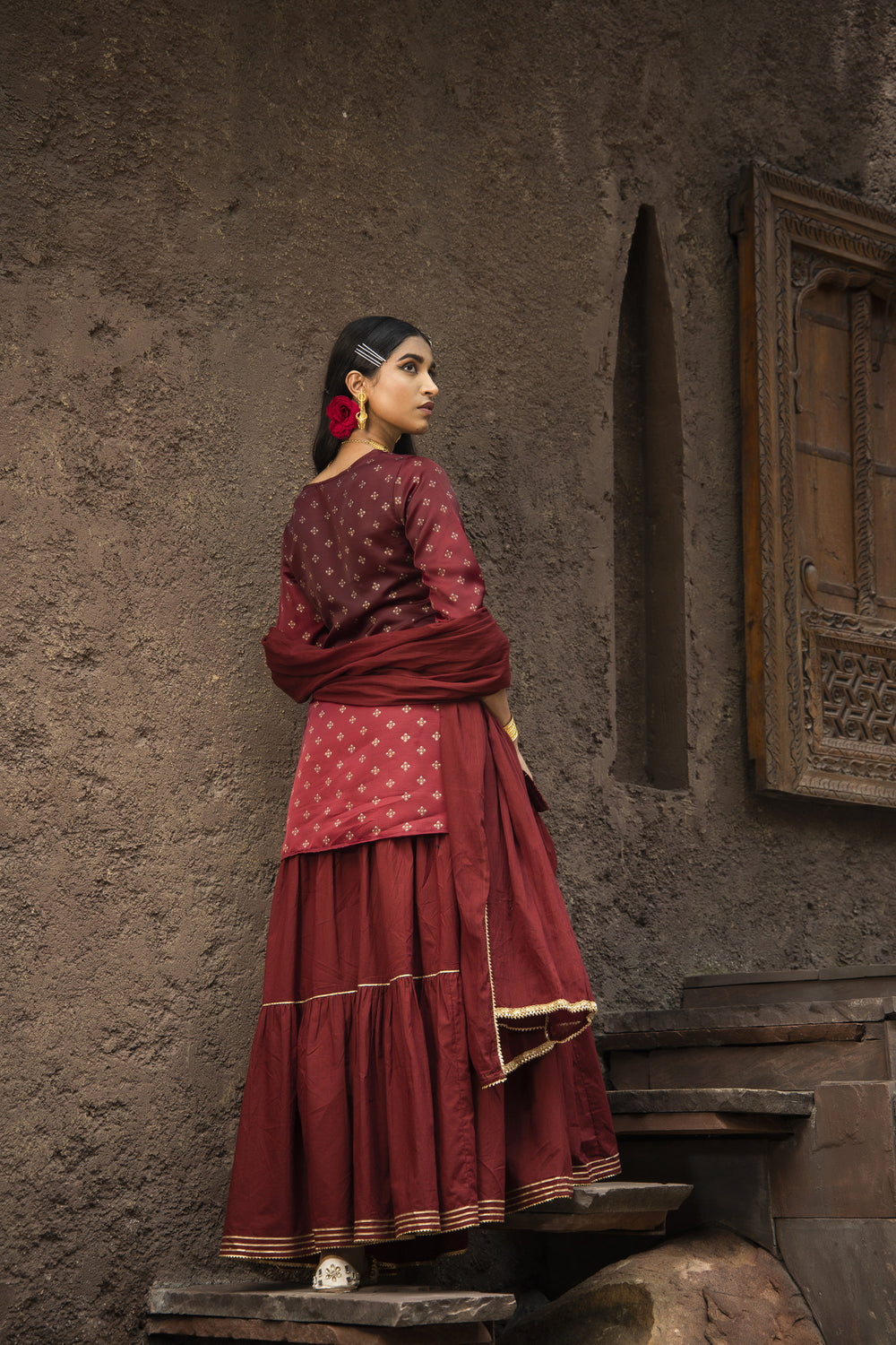 Juniper Maroon Satin Slub Festive Embroidered Printed Straight Kurta Skirt Dupatta Set